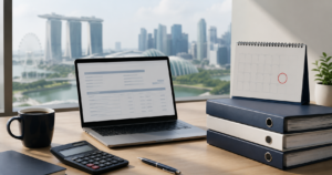 Desk with laptop, calculator and calendar showing the 30 November corporate tax filing Singapore deadline for YA 2026