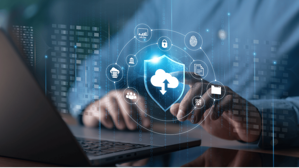 Business owner using laptop with AI and digital technology icons, representing Singapore's 400% AI tax deduction under the Enterprise Innovation Scheme