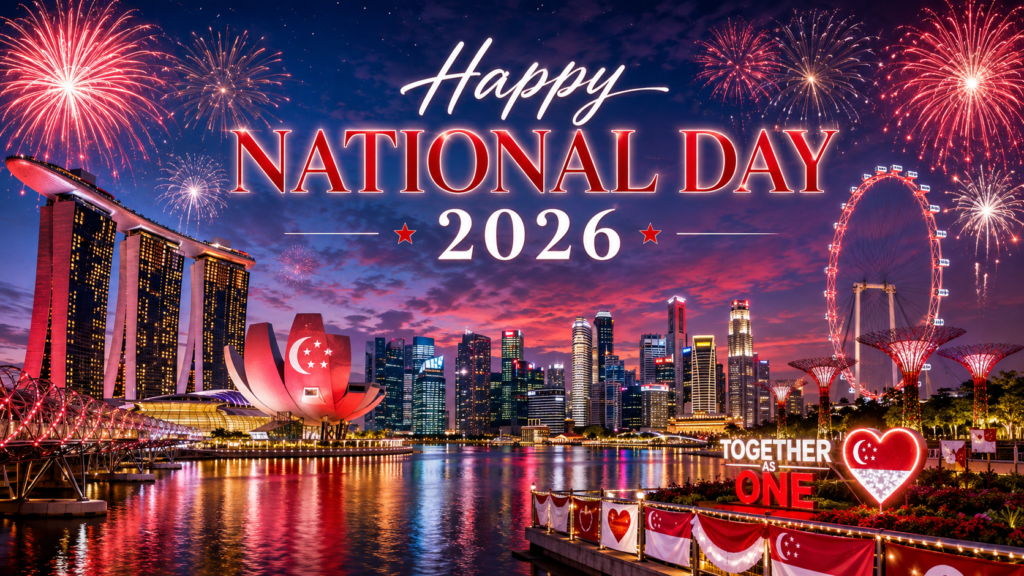 Happy National Day 2026 Singapore skyline with fireworks celebrating SG61