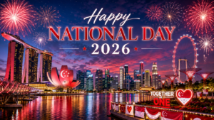 Happy National Day 2026 Singapore skyline with fireworks celebrating SG61