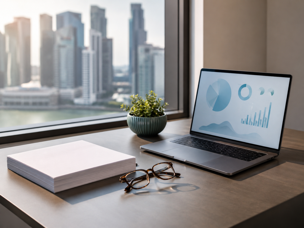 Accountant's desk with laptop and documents against the Singapore skyline, illustrating the AI tax deduction Singapore businesses can claim under the EIS